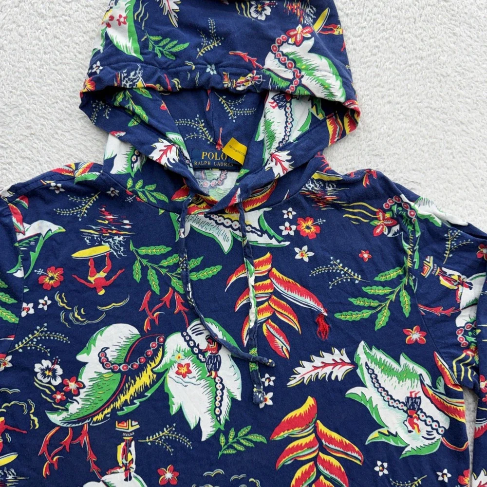 Polo Ralph Lauren Mene XS Navy Hawaiian Tropical Surf Print Hooded Long Slv